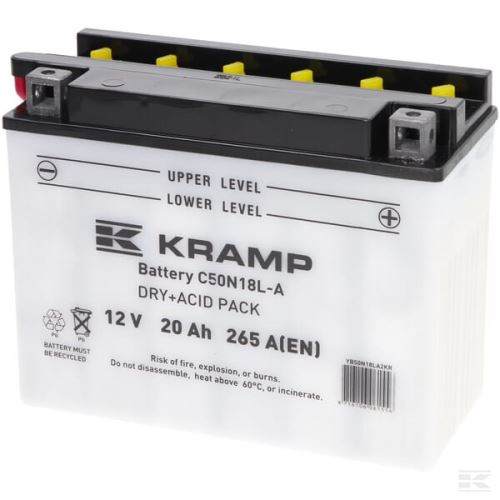 Baterie 12V 20Ah 265A, s akumulátorovou kyselinou, Kramp